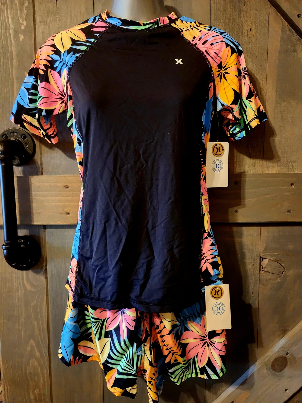 Hurley Black Rash Guard Top with Multicolor Tropical Floral Panels